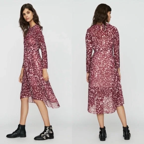 MAJE RIVOLE DRESS Burgundy Red White Print Long Sleeve Midi Dress Size 1 - Picture 1 of 10